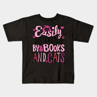 easily distracted by cats and books Kids T-Shirt